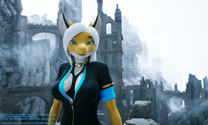 anthro blue_eyes breasts cleavage clothed clothing female hair outside scales solo white_hair yellow_body yellow_scales ashnar mythology kira_(ashnar) dragon mythological_creature mythological_scalie scalie 3d_(artwork) digital_media_(artwork) hi_res