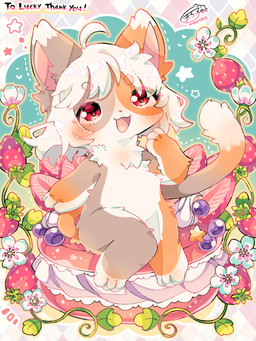 anthro chibi crossgender female flower food fruit fur grey_body grey_fur hair looking_at_viewer mtf_crossgender open_mouth open_smile plant red_eyes smile solo strawberry strawberry_blossom tail text white_body white_fur white_hair yellow_body yellow_fur maromarimo arcanis_(hahaluckyme) calico_cat domestic_cat felid feline felis mammal 2021 3:4 english_text