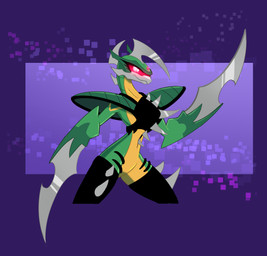1_eye armor black_legs blade_arm cybernetics eyelashes female glowing glowing_eyes green_body gynomorph intersex machine pauldron shoulder_pads solo spikes weapon_arm yellow_underbelly alorix godzilla_(series) toho gigan alien cyborg humanoid kaiju monster 2025 absurd_res hi_res trans_(lore) trans_woman_(lore)