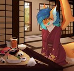 anthro asian_clothing beverage blue_hair blue_tongue breasts clothing east_asian_clothing female food hair japanese_clothing kimono kneeling non-mammal_breasts orange_body orange_eyes riceball solo sushi tongue alexatyan jyxa fish marine requiem_shark shark tiger_shark hi_res