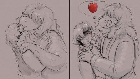 anthro apple blush bodily_fluids duo face_lick female female_anthro female_on_human food freckles fruit hair hair_over_eyes human_on_anthro interspecies larger_anthro larger_female licking licking_lips licking_own_lips male male/female male_human male_on_anthro plant red_eyes saliva saliva_on_face saliva_string size_difference smaller_human smaller_male smile tongue tongue_out doctordj deltarune undertale_(series) kris_dreemurr susie_(deltarune) human mammal scalie hi_res nonbinary_(lore)