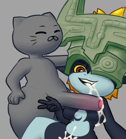 big_butt big_penis bodily_fluids breasts butt clothing cum cum_in_mouth cum_in_vagina cum_inside cum_on_breasts cum_on_penis curvy_figure duo female fur fused_shadow genital_fluids genitals grey_body grey_fur hand_on_hip headgear headwear holding_head huge_penis male male/female penis penis_on_breast penis_tip presenting smile teeth_showing voluptuous wide_hips meowny nintendo the_legend_of_zelda twilight_princess el_cato midna domestic_cat felid feline felis imp mammal
