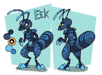 3_fingers ambiguous_gender antennae_(anatomy) anthro arm_markings biped black_eyes blue_body blue_markings chest_markings color_swatch facial_markings fingers head_markings leg_markings lidded_eyes markings multicolored_antennae pupils shoulder_markings simple_background solo standing text white_pupils yellow_sclera eekanant eek_(eekanant) ant arthropod hymenopteran insect 2023 character_name digital_drawing_(artwork) digital_media_(artwork) english_description flat_colors hi_res model_sheet