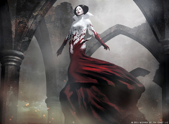 black_hair blood bodily_fluids cavern clothed clothing female flying hair not_furry ruins solo igor_kieryluk hasbro magic:_the_gathering wizards_of_the_coast humanoid vampire 2011 official_art