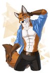 5_fingers abs anthro belt blue_eyes bottomwear clothed clothing eyebrows fingers fur geometric_background male muscular muscular_male pants raised_eyebrow simple_background smile solo topless topless_anthro topless_male triangle_(shape) leo-artis scott_(scottthefox94) canid canine fox mammal 2022 absurd_res hi_res signature