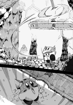 2_panel_comic ambiguous_gender biped blush blush_stickers boomerang detailed_background humor imminent_crush impending_doom looking_up motion_lines not_furry open_mouth open_smile outside shocked smile solo text throwing_object waterfall wearing_hat wide_eyed mu-u_(artist) kirby's_return_to_dream_land kirby_(series) nintendo cutter_kirby kirby waddling_head 2025 comic detailed digital_drawing_(artwork) digital_media_(artwork) greyscale hatching_(art) hi_res japanese_text monochrome shaded
