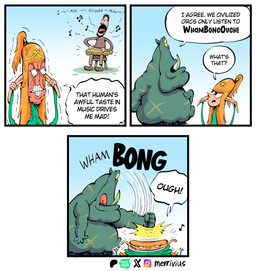 black_eyes clenched_teeth clothing crown dialogue dress ear_pull female green_body green_clothing green_dress green_skin green_tusks group hair headgear humanoid_pointy_ears humor light_body light_skin long_ears long_hair male onomatopoeia orange_hair pointy_ears pointy_nose ponytail punch scar singing sound_effects tan_body tan_skin teeth text tiara tongue tongue_out trio tusks vein yellow_sclera merrivius elf_comic elf_(merrivius) human_(merrivius) orc_(merrivius) elf human humanoid mammal orc comic english_text hi_res lol_comments