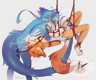 anthro anthro_on_anthro anthro_penetrated anthro_penetrating anthro_penetrating_anthro anthro_penetrating_male balls bdsm blue_body blue_fur blue_hair blush bodily_fluids bondage bound chastity_cage chastity_device chastity_strap dominant dominant_male duo face_fucking fur genital_fluids genitals hair heart_symbol horn irrumatio male male/male male_anthro male_on_anthro male_penetrated male_penetrating male_penetrating_anthro male_penetrating_male nude oral oral_penetration orange_body orange_fur penetration penile penile_penetration penis penis_in_mouth precum red_rope restraints rope rope_bondage rope_harness sex simple_background submissive submissive_male suspension tail text tongue wearing_chastity_device white_body keshunya mythology anonymous_character hatoru_(hat0ru) canid canine dragon fox furred_dragon furred_scalie mammal mythological_creature mythological_scalie scalie hi_res