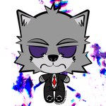 anthro black_clothing black_footwear black_shoes black_suit chibi clothing footwear fur grey_body grey_fur halftone_dots male minimalist necktie purple_eyes red_necktie simple_background simple_face solo suit text vector_art wolfnes lucid_creations_inc oppression_(novel) esteban_(oppression) canid canine canis mammal wolf 1:1 2023 digital_media_(artwork) english_text signature