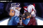 anthro black_bars clothed clothing duo fur gloves gun hair handwear male ranged_weapon red_body red_fur weapon white_hair panchokechup capcom devil_may_cry ailurid deer mammal red_panda hi_res letterbox