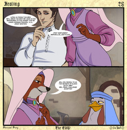 4_fingers 5_fingers alternative_fashion anthro beak border brooch brown_hair classic_lolita claws clothed clothed_anthro clothed_female clothed_human clothed_male clothing countershade_face countershade_fur countershading dialogue doorway eye_contact eyebrows eyelashes female female_anthro finger_claws fingers fully_clothed fully_clothed_anthro fully_clothed_female fur group hair headdress inside iris j-fashion light_body light_skin lolita_(fashion) looking_at_another male male_human narrowed_eyes nobleman on_model page_number pitcher pupils raised_eyebrows shirt sitting smile smiling_at_another snout speech_bubble standing standing_upright talking_to_another text the_end title topwear trio water_pitcher white_clothing white_shirt white_topwear wimple yellow_sclera sir_paulus disney robin_hood_(disney) lady_kluck maid_marian pavel_(sir_paulus) avian bird canid canine canis chicken fox galliform human mammal phasianid artist_name comic end_page english_text hi_res