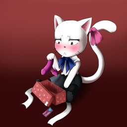 accessory anthro blush bow_(feature) bow_accessory bow_ribbon bow_tie box container dildo female fur furgonomics gift gradient_background happy holding_object holding_sex_toy red_background ribbons semi-anthro sex_toy simple_background solo tail tail_accessory tail_bow tail_ribbon white_body white_fur darkmirage fairy_tail charle_(fairy_tail) domestic_cat exceed felid feline felis mammal 1:1