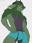 anthro arm_tuft barbel_(anatomy) beanie biped clothed clothing green_body green_eyes green_hair hair hat headgear headwear horn looking_at_viewer low-angle_view male purple_body shoulder_tuft simple_background smile solo tuft underwear underwear_only white_background yellow_sclera rustymiko mythology null_(jackostar) dragon mythological_creature mythological_scalie scalie 2022 3:4 digital_media_(artwork) hi_res