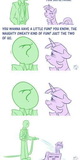 blue_hair blush clothed clothing dialogue feathered_wings feathers female feral fur hair horn hose humor smile text water wings ponut_joe friendship_is_magic hasbro my_little_pony mythology anon twilight_sparkle_(mlp) equid equine mammal mythological_creature mythological_equine winged_unicorn absurd_res comic english_text hi_res