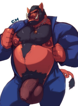 anthro balls bdsm beard belly big_balls big_penis biped black_hair body_hair bottomwear brown_eyes chest_hair clothing coveralls facial_hair foreskin front_view genitals hair hairy half-erect huge_penis humanoid_genitalia humanoid_penis jacket jewelry jumpsuit lock looking_at_viewer male manly mature_male musclegut muscular muscular_anthro muscular_male necklace nipples nude pants partially_retracted_foreskin pecs penis pose presenting pubes serious simple_background slightly_chubby solo standing stocky thick_penis topwear tusks uniform vein veiny_penis komboochie mammal suid suine warthog hi_res