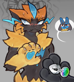 anthro black_body black_fur blue_body blue_eyes blue_fur blush blush_stickers bodily_fluids buttplug duo fur key_stone_(pokemon) key_stone_buttplug male plug_(sex_toy) sex_toy sweat sweatdrop yellow_body yellow_fur loppifi nintendo pokemon generation_4_pokemon generation_7_pokemon legendary_pokemon lucario pokemon_(species) zeraora 2025 absurd_res hi_res
