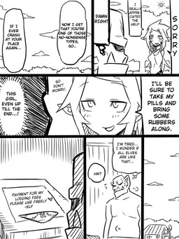 clothing dialogue duo fangs female humor male navel not_furry teeth text underwear jin_(mugenjin) elfxorc elf humanoid orc 3:4 black_and_white comic english_text monochrome