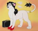 ambiguous_gender black_hair clothing digitigrade_heels elevator eyewear feral feral_heels footwear fucking_furries fur glasses hair high_heels shoes simple_background solo suitcase lizardsmooches undertale undertale_(series) business_manticore_(undertale) felid lion mammal pantherine 2015