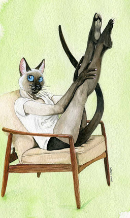 4_fingers 5_toes anthro arms_bent barefoot biped black_body black_bottomwear black_clothing black_fur black_tail blue_eyes bottomwear breasts chair claws clothing extended_legs facial_markings feet feet_together female fingers fur furniture gloves_(marking) green_background grey_body grey_fur grey_pawpads hands_on_legs hands_on_own_legs head_markings hindpaw holding_both_legs humanoid_feet humanoid_hands inner_ear_fluff knock-kneed leg_markings legs_together legs_up light long_tail looking_aside looking_away markings multicolored_body multicolored_fur muzzle_(marking) on_chair on_furniture pawpads paws plantar_flexion plantigrade reclining shadow shirt shorts side_boob side_view simple_background sitting small_breasts smile snout snout_markings socks_(marking) soles solo tail toe_claws toes topwear tuft whiskers white_body white_claws white_clothing white_fur white_topwear year roz_gibson colorpoint domestic_cat felid feline felis mammal oriental_shorthair siamese_cat 2018 dated full-length_portrait hi_res lighting painting_(artwork) portrait signature traditional_media_(artwork) traditional_painting_(artwork) traditional_watercolor_(artwork) watercolor_(artwork)
