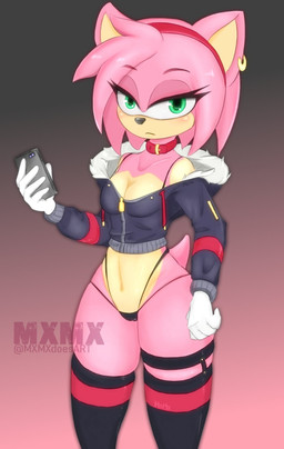 5_fingers accessory anthro breasts camel_toe cellphone clothed clothing collar ear_piercing ear_ring electronics female fingers gloves green_eyes hair hair_accessory hairband half-closed_eyes handwear holding_cellphone holding_object holding_phone jacket legwear looking_at_viewer narrowed_eyes navel panties phone piercing pink_body ring_piercing simple_background solo thigh_highs topwear underwear mxmx sega sonic_the_hedgehog_(series) amy_rose eulipotyphlan hedgehog mammal digital_media_(artwork) hi_res signature