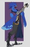 absurd_res accipitrid accipitriform aiareck_arpia anthro avian bird blue_body blue_feathers cape clothing eagle feathers harpy_eagle hi_res male musical_instrument open_mouth plucked_string_instrument red_eyes sitar solo speccychicken string_instrument