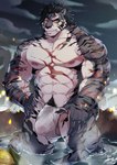 abs anthro biceps black_hair clothing deltoids fur grey_body grey_fur hair male muscular muscular_anthro muscular_male nipples pecs scar solo underwear p2yong sdorica yao_(sdorica) felid mammal pantherine tiger hi_res