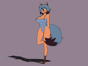 5_toes anthro barefoot bashful big_breasts black_body black_fur black_hair blue_body blue_clothing blue_eyes blue_fur blue_hair blue_overalls breasts brown_body brown_fur cleavage clothed clothing exposure_variation feet female fluffy fluffy_tail fur grey_background hair hands_behind_back leg_markings markings multicolored_body multicolored_fur multicolored_hair nipple_outline on_one_leg open_mouth overalls plantigrade simple_background socks_(marking) solo standing tail toes two_tone_hair dracojeff brand_new_animal studio_trigger michiru_kagemori canid canine mammal raccoon_dog tanuki 2022 4:3