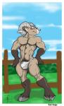 abs anthro biceps biped black_body black_fur blue_sky border bottomwear bovid_horn brown_eyes bulge caprine_horn clothed clothing cloud cloven_hooves day detailed_background ear_piercing eyebrow_piercing facial_piercing fence front_view fur grass grey_body grey_fur grey_hooves grey_horn half-closed_eyes hands_on_hips hooves horn inner_ear_fluff looking_at_viewer male multicolored_body multicolored_fur muscular muscular_anthro muscular_male narrowed_eyes nipples outside pecs piercing pink_nipples plant pubes ram_horn shadow shrub sky smile snout solo standing thong topless tuft underwear white_body white_border white_bottomwear white_clothing white_fur white_underwear aaron_(artist) rammy_aaron bighorn_sheep bovid caprine mammal sheep 2008 digital_media_(artwork) full-length_portrait portrait signature