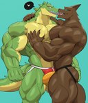 anthro anthro_on_anthro arm_around_shoulders barazoku biceps big_bulge big_muscles blue_background bulge bulge_frottage claws clothed clothing deltoids duo french_kissing fur hand_on_butt hand_on_chest hand_on_pecs hand_on_shoulder heart_symbol hug huge_muscles jockstrap jockstrap_only kissing male male/male muscular muscular_anthro muscular_male nipples obliques open_mouth open_smile pec_grab pec_squish pecs quads scales serratus simple_background smile speech_bubble squish standing teeth thick_thighs topless topless_anthro topless_male triceps tuft underwear underwear_only wolfblack43 league_of_legends riot_games tencent nasus_(lol) renekton anubian_jackal canid canine canis crocodile crocodilian jackal mammal reptile scalie 2024 hi_res pictographics brother_(lore) brothers_(lore) incest_(lore) sibling_(lore)