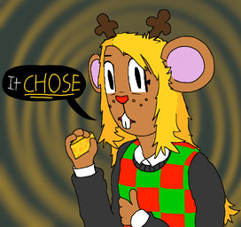 4_fingers anthro antlers blonde_hair brown_body brown_fur buckteeth cheese christmas_clothing christmas_sweater christmas_topwear clothing dairy_products female fingers food freckled_face freckles fur gesture hair hand_gesture holidays horn humor joke long_hair mouse_ears red_nose simple_background solo speech_bubble sweater teeth thumbs_up topwear white_undershirt anonymous_artist christmas deltarune undertale_(series) noelle_holiday deer hybrid mammal mouse murid murine rodent