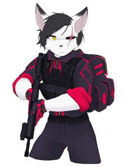 anthro backpack belt biped black_bottomwear black_clothing black_hair black_pants bottomwear bulletproof_vest clothing facial_scar front_view gloves gun hair handwear heterochromia male male_anthro pants ranged_weapon red_eyes rolled_up_sleeves scar simple_background solo standing tactical_gear weapon white_body yellow_eyes dullanboi canid canine mammal hi_res