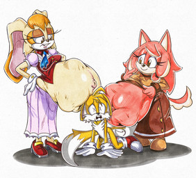 anthro belly big_belly clothing female female_anthro fetal_movement fur gloves group handwear hyper hyper_pregnancy male male_anthro orange_body orange_fur pink_body pregnant pregnant_female trio young killboo sega sonic_the_hedgehog_(series) the_murder_of_sonic_the_hedgehog conductor's_wife_(sonic) miles_prower vanilla_the_rabbit canid canine canis domestic_dog fox lagomorph leporid mammal rabbit 2024 hi_res