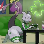 anthro blep clothing clover_(plant) clover_leaf collar elbows_on_table female gaming green_clothing green_eyes green_legwear green_shirt green_topwear leaf legwear long_tail looking_at_viewer one_eye_closed plant playing_video_game shirt solo tail tattoo thick_thighs tongue tongue_out topwear wide_hips wink winking_at_viewer reallydarkandwindie nintendo pokemon clover_(darknwindie) generation_1_pokemon legendary_pokemon mewtwo pokemon_(species) 1:1 hi_res