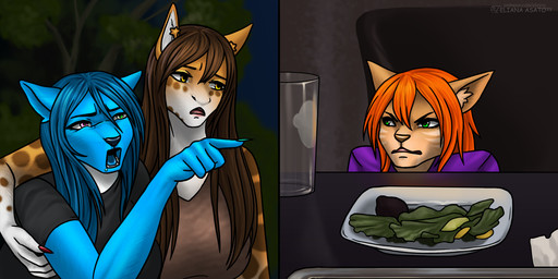 5_fingers angry anthro bangs beer_glass big_breasts black_clothing black_nose black_shirt black_t-shirt black_topwear blue_body blue_fur blue_hair blue_nails blue_tongue breasts brown_clothing brown_hair brown_nose brown_topwear chair clothed clothed_breasts clothing colored_nails comic_panel detailed_background dish empty_glass eyebrows facial_piercing female fingers food fur furniture gesture glass green_eyes group hair hand_gesture hand_on_another's_shoulder hand_on_shoulder heterochromia holding_another horn humor inner_ear_fluff inside lip_piercing long_hair long_nails looking_aside_at_viewer looking_at_another markings multicolored_body multicolored_eyes multicolored_fur nails night open_mouth orange_hair ossicone outside piercing pink_eyes plant plate pointing pointing_at_another purple_clothing purple_shirt purple_t-shirt purple_topwear red_nails restaurant salad screaming shirt short_hair short_hair_with_long_locks short_sleeves sitting spots spotted_body spotted_fur straight_hair striped_markings stripes t-shirt table tan_body tan_fur teeth three-quarter_view tongue topwear tree trio tuft white_body white_fur yellow_body yellow_eyes yellow_fur eliana-asato woman_yelling_at_a_cat alice_(iginger) amber_(eliana-asato) ginger_(iginger) domestic_cat felid feline felis giraffid mammal 2:1 digital_media_(artwork) meme signature gynomorph_(lore) male_(lore)