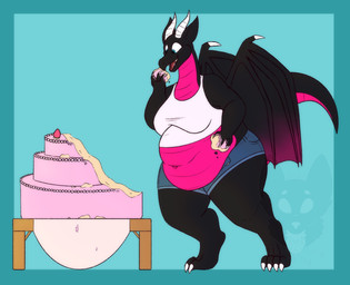 2_horns 4_claws 4_fingers 4_toes anthro back_wings belly big_belly biped black_body black_membrane black_scales black_wings blue_bottomwear blue_clothing blue_eyes blue_shorts border bottomwear breasts cake claws clothed clothed_anthro clothed_female clothing countershade_neck countershade_scales countershade_tail countershade_torso countershading denim denim_bottomwear denim_clothing denim_shorts dessert eating eating_food feet female female_anthro finger_claws fingers food fruit furniture holding_cake holding_food holding_object horn membrane_(anatomy) membranous_wings navel non-mammal_breasts non-mammal_navel obese obese_anthro obese_female open_bottomwear open_clothing open_shorts overweight overweight_anthro overweight_female pink_body pink_countershading plant plate scales shirt shorts simple_background slightly_chubby slightly_chubby_anthro slightly_chubby_female snout solo standing strawberry table tail tank_top teal_background teal_border thick_tail thick_thighs toe_claws toes topwear unbuttoned unbuttoned_shorts ventral_scales weight_gain white_claws white_clothing white_horn white_shirt white_tank_top white_topwear wings strawberrymilkdog european_mythology mythology rosa_(highcaloriesand) dragon mythological_creature mythological_scalie scalie western_dragon 2022 colored hi_res watermark