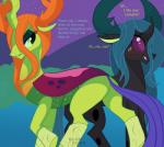 antlers blush bodily_fluids cosplay dialogue duo fangs female green_eyes green_hair hair holidays horn male orange_hair purple_eyes sweat sweatdrop teeth text kl0ndike friendship_is_magic halloween hasbro my_little_pony queen_chrysalis_(mlp) thorax_(mlp) arthropod changeling 2017 english_text