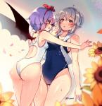 backless_clothing backless_swimsuit blue_eyes blush breasts butt clothed clothing duo female grey_hair hair medium_breasts not_furry one-piece_swimsuit open-back_swimsuit purple_hair red_eyes small_breasts standing swimwear wet white_body white_skin wings kirero touhou remilia_scarlet sakuya_izayoi human humanoid mammal vampire