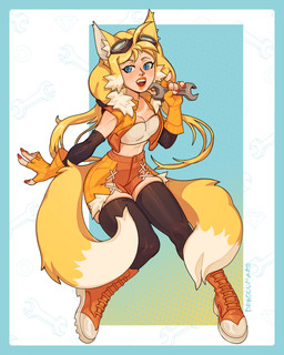2_tails armwear blonde_hair blue_border blue_eyes boots border bottomwear clothing crossgender elbow_gloves eyewear female footwear fox_tail gloves goggles hair handwear holding_object legwear mtf_crossgender multi_tail shoes shorts simple_background skindentation solo tail thigh_highs tools topwear tube_top vest wrench yellow_clothing dragoumare sega sonic_the_hedgehog_(series) miles_prower canid canine fox humanoid mammal 4:5 absurd_res hi_res