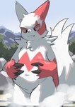 anthro belly cute_fangs fangs fupa fur hot_spring male moobs navel pink_eyes shy slightly_chubby smile solo teeth water white_body white_fur akipaya01 nintendo pokemon generation_3_pokemon pokemon_(species) zangoose absurd_res hi_res