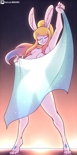 anthro barefoot blonde_hair breasts convenient_censorship covering covering_breasts feet female hair mostly_nude multicolored_hair pose silhouette simple_background solo stage tattoo veil marik_azemus34 serafina_moroz lagomorph leporid mammal rabbit 1:2 2023 hi_res pinup