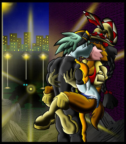 ambiguous_gender anthro big_breasts black_border black_hair boots border bottomwear breasts building clothing crop_top diving_suit eyes_closed eyewear eyewear_on_head female flashlight footwear gloves goggles goggles_on_head group hair handwear hat headgear headwear jacket kissing light male muscular muscular_anthro muscular_male night shirt shoes shorts street_lamp teal_hair topwear trash_can trio virus-20 june_coyote travis_seal aquatic canid canine canis coyote mammal pinniped seal unknown_species 2009 digital_media_(artwork) hi_res