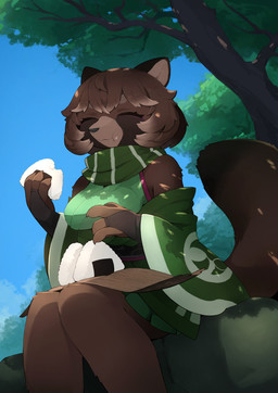 4_fingers anthro armwear biped bridal_gauntlets brown_body brown_ears brown_fur brown_hair brown_tail circle_eyebrows claws clothed clothing day detailed_background eating eating_food eyebrows eyelashes eyeliner eyes_closed female female_anthro finger_claws fingers fluffy fluffy_tail food forest front_view fully_clothed fur green_scarf grey_nose hair humanoid_hands kemono makeup monotone_tail multicolored_body multicolored_fur off_shoulder onigiri outside plant purple_eyeliner rice scarf sitting sky solo tail tan_inner_ear three-quarter_view tree two_tone_body two_tone_fur kamukamu6392 canid canine mammal raccoon_dog tanuki colored digital_media_(artwork) hi_res portrait shaded three-quarter_portrait