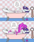 anthro anthrofied bath bathtub blue_eyes bottle claw_foot_bathtub container duo eyes_closed female female/female hair horn humanoid_face inside nude pink_body purple_hair surprise text towel water squirrelpony friendship_is_magic hasbro my_little_pony mythology rarity_(mlp) equid equine goo_creature horse mammal mythological_creature mythological_equine pony unicorn 4:5 absurd_res comic english_text hi_res lol_comments