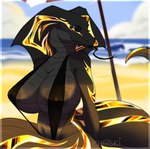 anthro areola areola_slip beach beach_umbrella belly big_breasts black_body black_clothing black_scales black_snake_hood black_swimwear black_tail breasts clothed clothing dark_snake_hood day detailed_background erect_nipples female forked_tongue gold_(metal) gold_markings gold_sclera grey_body grey_scales hands_behind_back leg_markings looking_at_viewer markings navel nipple_outline nipple_piercing nipples one-piece_swimsuit outside parasol piercing pupils scale_markings scales scaly_tail sea seaside sitting sky sling_bikini slit_pupils smile smiling_at_viewer smirk smirking_at_viewer smooth_skin snake_hood solo striped_body stripes swimwear tail tattoo thigh_markings tight_clothing tongue tongue_out two_tone_snake_hood water wide_hips yellow_eyes yellow_sclera chatski reptile scalie snake digital_media_(artwork) hi_res