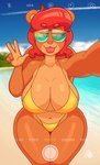 5_fingers anthro beach big_breasts blep blue_eyes breasts eyewear female fingers gesture hair hand_gesture looking_at_viewer navel outside red_hair seaside selfie short_hair solo sunglasses thick_thighs tongue tongue_out v_sign wide_hips acstlu lizette mammal rodent sciurid tree_squirrel 2021 hi_res