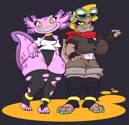 3_toes 4_toes anklet anthro aviator_jacket big_breasts black_toe_claws bottomwear breasts clothing collar crop_top crotch_lines duo eyelashes eyewear feet female fingerless_gloves footwear gills gloves green_toe_claws handwear horn huge_breasts jewelry leotard long_eyelashes markings navel non-mammal_breasts non-mammal_navel scales shirt shorts small_breasts spots spotted_face spotted_hips spotted_markings spotted_shoulders spotted_tail sunglasses tail tail_markings thick_tail thick_thighs toeless_footwear toes topwear wide_hips haiku_oezu mythology axyla_kos_centauri dyaxia_kos_nu_draconis alien amphibian axolotl dragon marine mole_salamander mythological_creature mythological_scalie nebulian salamander scalie hi_res