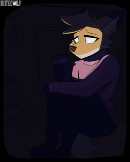 anthro bed beverage_can biped brown_body brown_nose cellphone clothed clothing dark_lighting dark_room door dresser electronics furniture lightswitch looking_at_screen male on_bed phone pink_clothing pink_shirt pink_topwear poster sad shirt sitting sitting_on_bed smartphone solo topwear suitedwolfie google google_pixel balthy_(suitedwolfie) canid canine fox mammal red_fox true_fox comic hi_res watermark