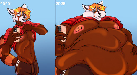anthro belly belly_expansion belly_overhang boxers_(clothing) cellphone clothing electronics erect_nipples expansion male navel nipples overweight overweight_anthro overweight_male phone presenting selfie showing_chest showing_off_muscles small_clothes smartphone underwear weight_gain tubbytunes ailurid mammal red_panda 2025 absurd_res dated hi_res