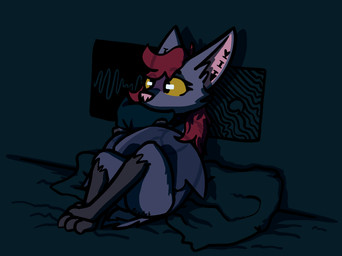against_surface against_wall amber_eyes anthro bed bedding blanket choker choker_only claws crossed_legs detailed_background ear_piercing electronics feet female fur furniture hair hug hugging_object hugging_pillow jewelry membrane_(anatomy) membranous_wings necklace necklace_only nude on_bed piercing pillow purple_body purple_fur reclining reclining_on_bed red_hair reflection reflection_in_eyes scut_tail semi-anthro short_tail sitting sitting_on_bed slim solo tail talons television toes tuft wall_(structure) watching_television winged_arms wings bizart arctic_monkeys tame_impala velika_(bizart) bat flying_fox mammal megabat 2026 album_cover aliasing cover digital_media_(artwork)