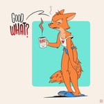 1:1 2024 anthro beverage black_eyes breasts canid canine cleavage clothed clothing coffee coffee_mug conditional_dnp dialogue diane_foxington dreamworks english_text eyebrow_piercing facial_piercing female footwear fox fox-pop frown fur hi_res looking_at_viewer mammal one_eye_closed orange_body orange_fur panties piercing red_fox scowl shoes slippers slouching solo tan_body tan_fur teeth text the_bad_guys true_fox underwear